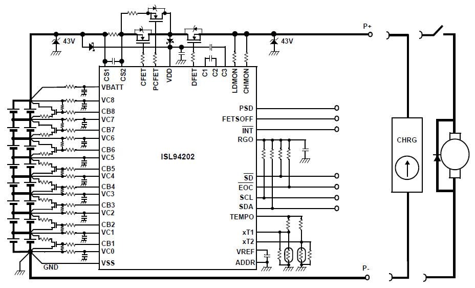 Applikations-Schaltungsdiagramm - Renesas Electronics ISL94202 Li-Ion-Batteriesatz-Überwachungs-IC
