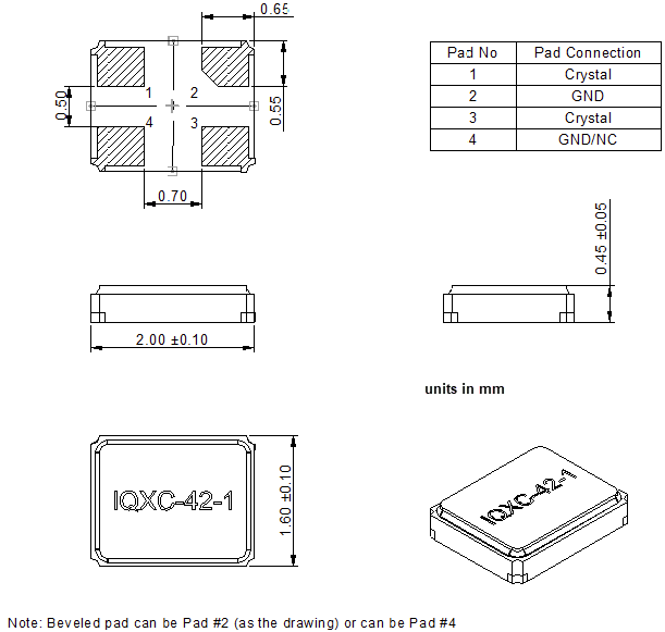 Mechanical Drawing - IQD IQXC-42 Ultra-Small SMD Quartz Crystals
