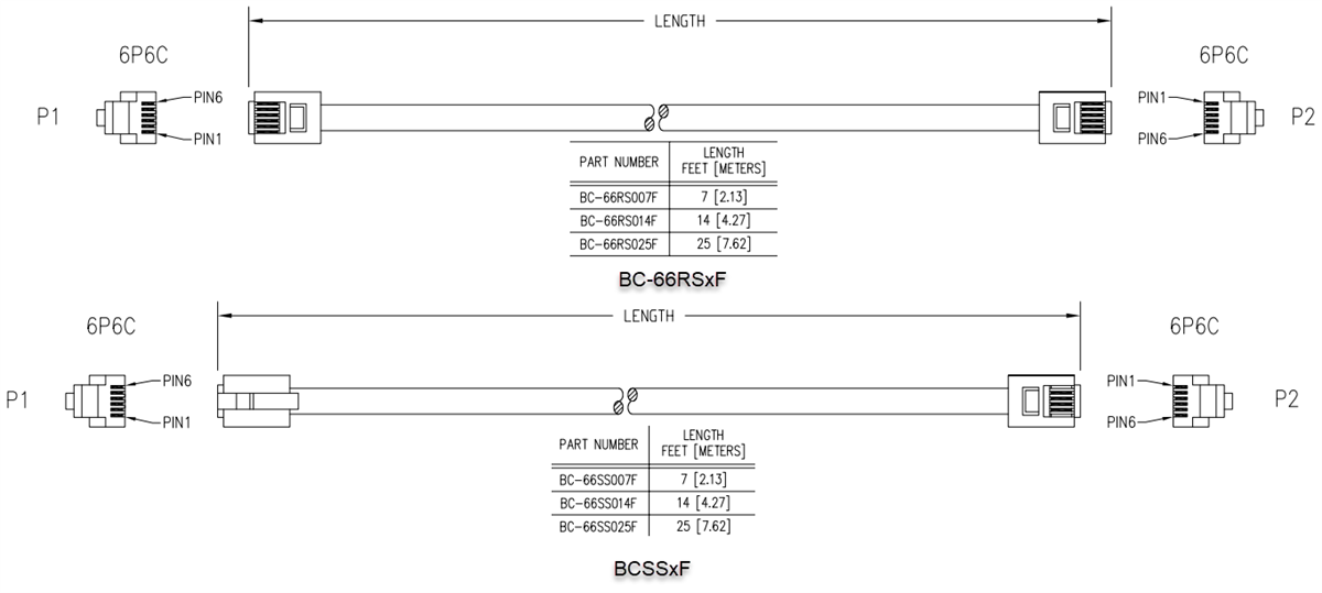 Technische Zeichnung - Bel BC-66 RJ12-Patchkabel
