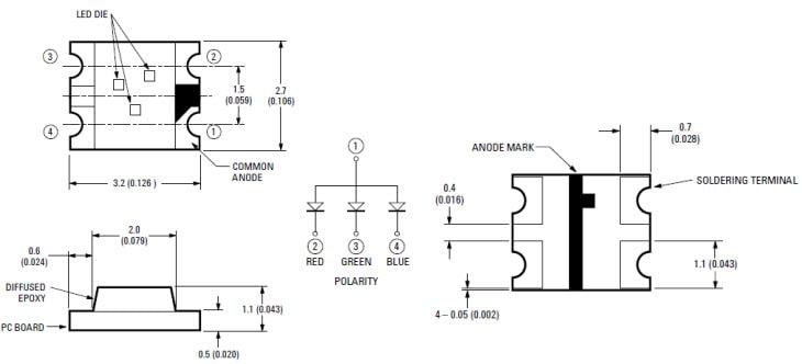 Technische Zeichnung - Broadcom HSMF-C118 Dreifarbige Chip-LED