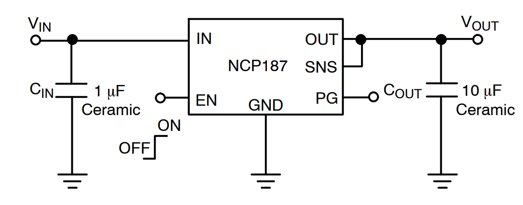 Applikations-Schaltungsdiagramm - onsemi NCP187 1,2-A-Linearspannungsregler mit geringem Dropout