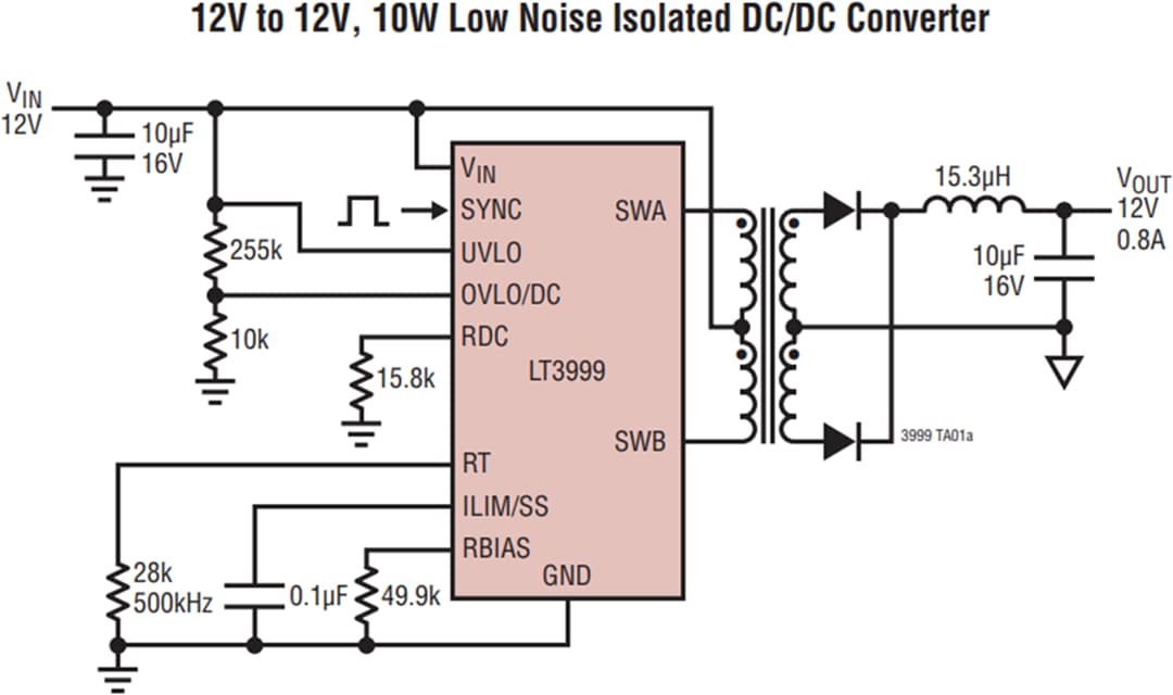 Applikations-Schaltungsdiagramm - Analog Devices Inc. LT3999 DC/DC-Transformatortreiber