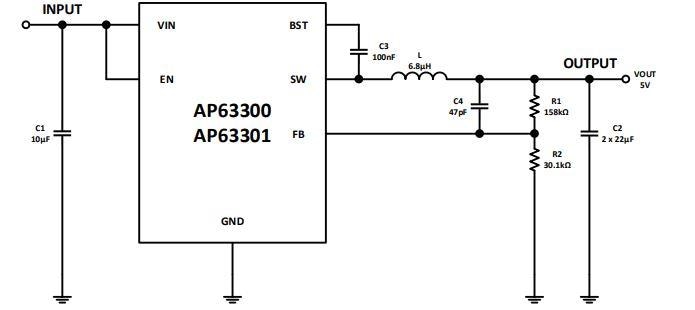 Applikations-Schaltungsdiagramm - Diodes Incorporated AP63300/01 Synchrone Abwärtswandler