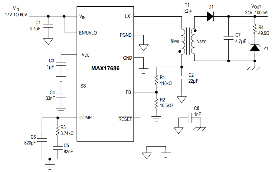 Applikations-Schaltungsdiagramm - Analog Devices / Maxim Integrated MAX17686 Isolierter DC/DC-Abwärtswandler