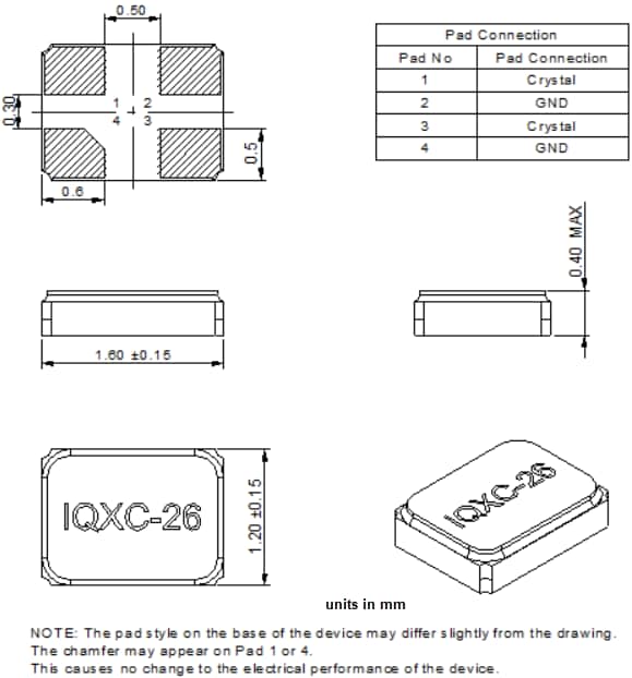 Mechanical Drawing - IQD IQXC-26 Ultra-Miniature SMD Quartz Crystals