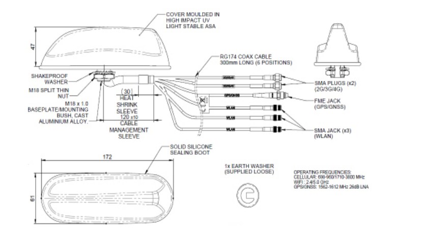 Technische Zeichnung - TE Connectivity Multifunktions-MIMO-Antennen
