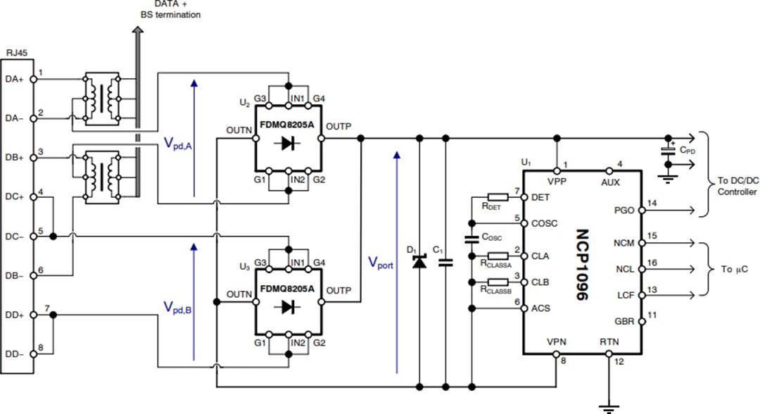 Applikations-Schaltungsdiagramm - onsemi NCP1095 und NCP1096 Hochleistungs-PoE-PD-Controller