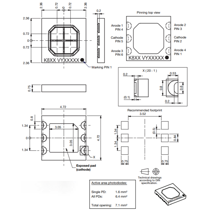 Technische Zeichnung - Vishay Semiconductors K857 Silizium-PIN-Fotodioden
