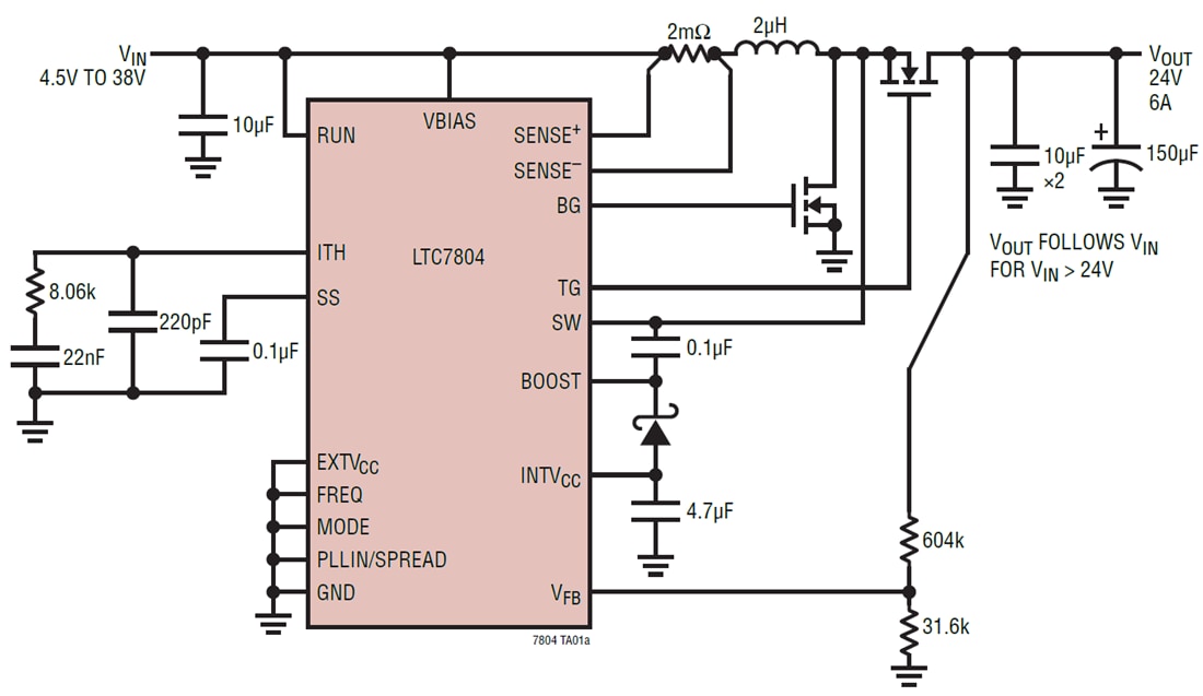 Applikations-Schaltungsdiagramm - Analog Devices Inc. LTC7804 Synchroner Boost Controller mit niedrigem IQ