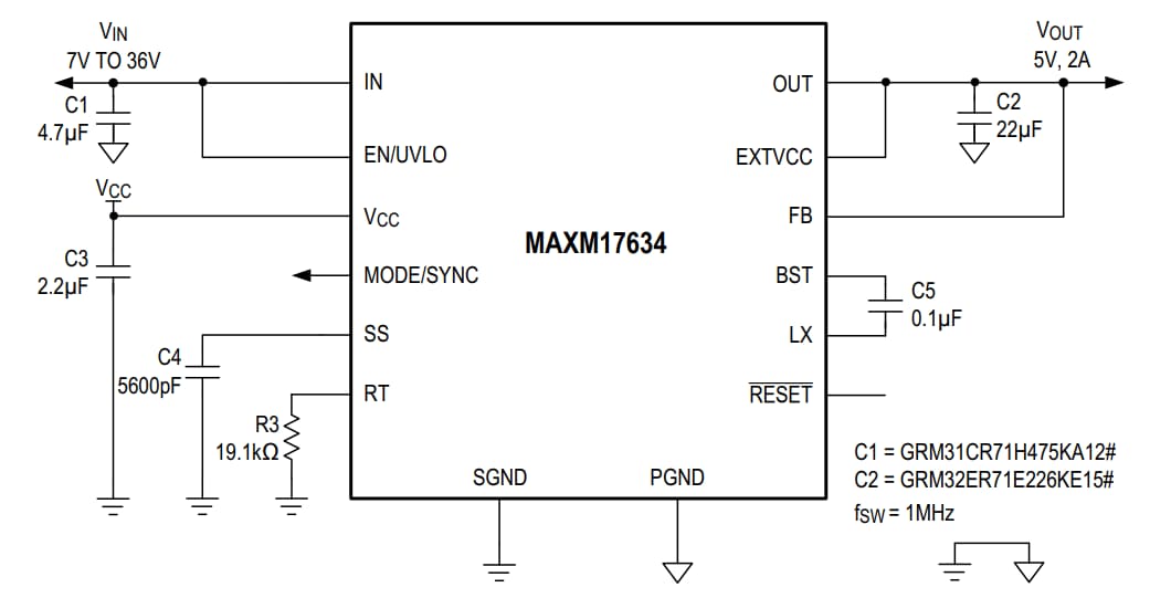 Blockdiagramm - Analog Devices Inc. MAXM17633, MAXM17634, MAXM17635 Leistungsmodule