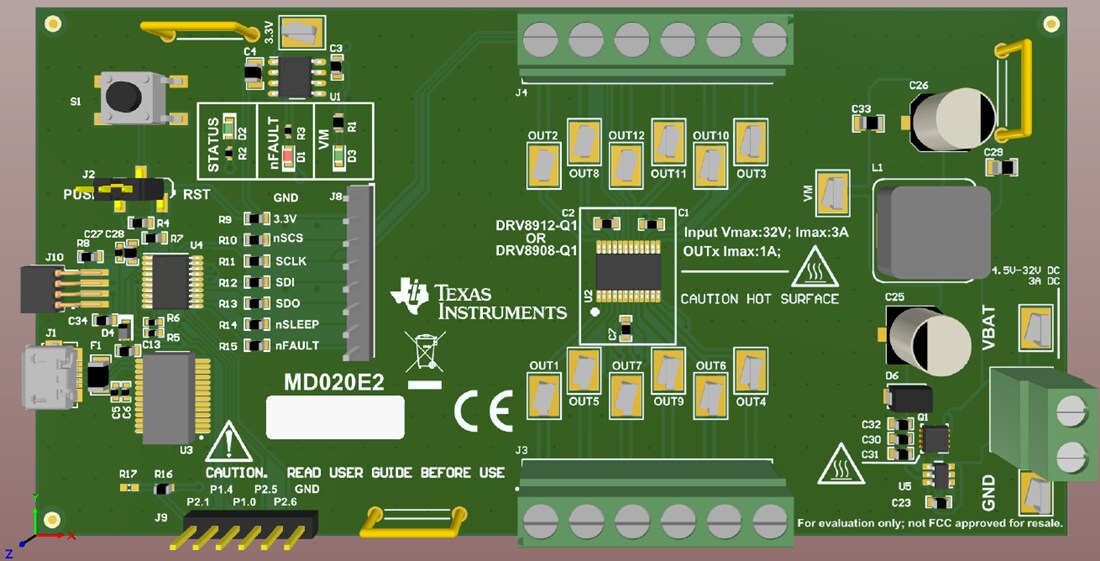 Technische Zeichnung - Texas Instruments DRV8908-Q1EVM Treiber Evaluierungsmodul (EVM)