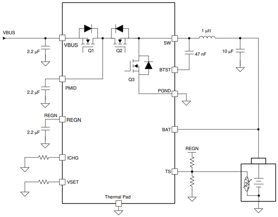 Applikations-Schaltungsdiagramm - Texas Instruments bq25302 Einzellen-Abwärtswandler-Ladegerät