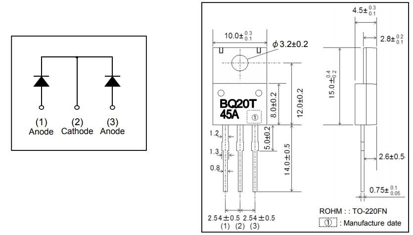 Technische Zeichnung - ROHM Semiconductor RBQxx45ANZ Schottky-Barriere-Dioden mit niedrigem IR