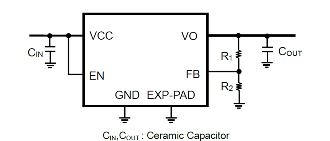 Applikations-Schaltungsdiagramm - ROHM Semiconductor BD00IA5MHFV-M Automotive-LDO mit variablem Ausgang