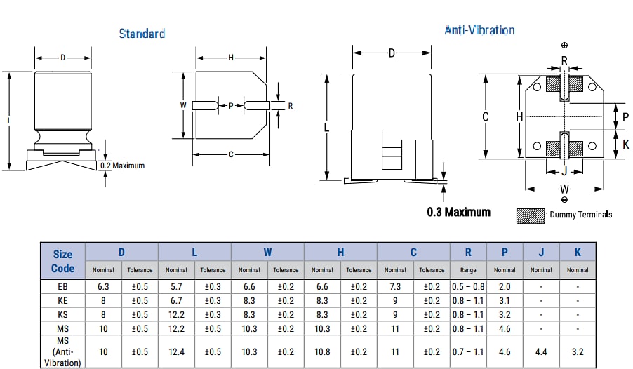 Technische Zeichnung - KEMET A768 125 °C-Aluminium-Polymerkondensatoren 