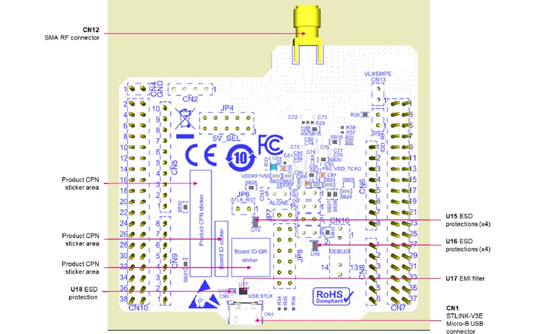 Technische Zeichnung - STMicroelectronics STM32WL Nucleo-64-Board (NUCLEO-WL55JC)
