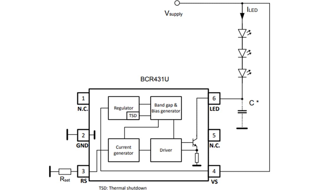 Applikations-Schaltungsdiagramm - Infineon Technologies BCR431U Linearer LED-Treiber mit geringem Spannungsabfall