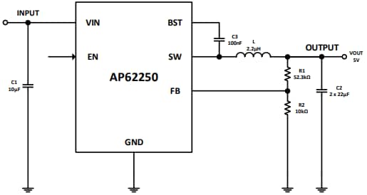 Applikations-Schaltungsdiagramm - Diodes Incorporated AP62250 Synchrone Abwärtswandler