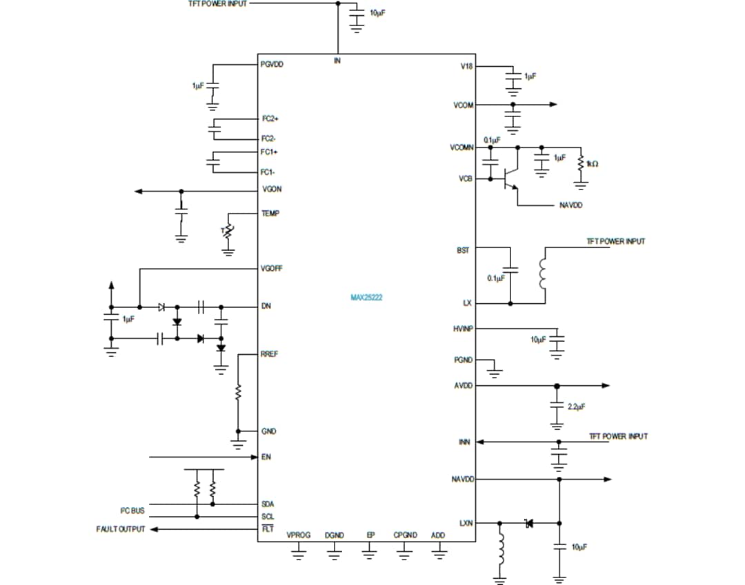 Applikations-Schaltungsdiagramm - Analog Devices Inc. MAX25222 Automotive-Vierkanal-TFT-LCD-Leistungs-IC