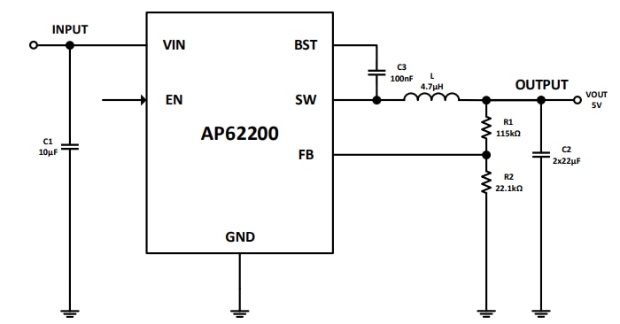 Applikations-Schaltungsdiagramm - Diodes Incorporated AP62200 Synchroner Abwärtswandler
