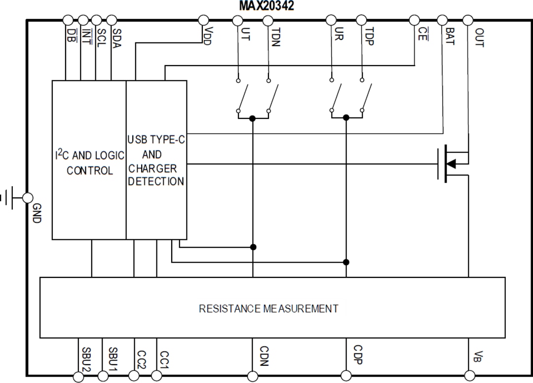 Blockdiagramm - Analog Devices Inc. MAX20342 USB Type-C™-Ladegerät-Detektor