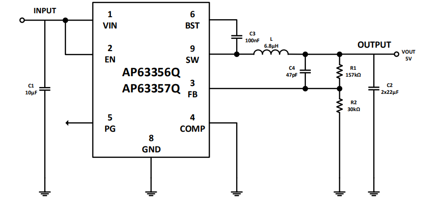 Schaltplan - Diodes Incorporated AP63356/7-EVM Evaluierungsboards