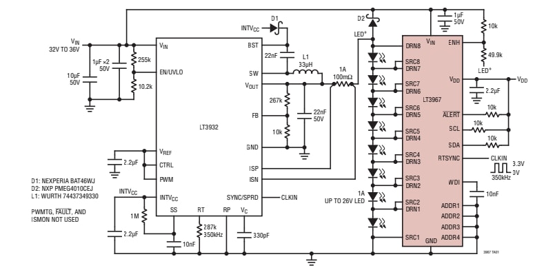 Applikations-Schaltungsdiagramm - Analog Devices Inc. LT3967 LED-Beleuchtungstreiber