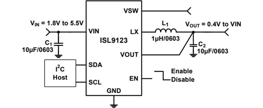 Applikations-Schaltungsdiagramm - Renesas Electronics ISL9123 Abwärtsregler mit extrem niedrigem IQ und Bypass