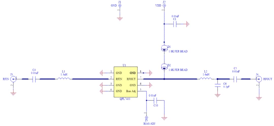 Applikations-Schaltungsdiagramm - Qorvo QPL7433 45 MHz bis 3,3 GHz Rauscharmer Verstärker