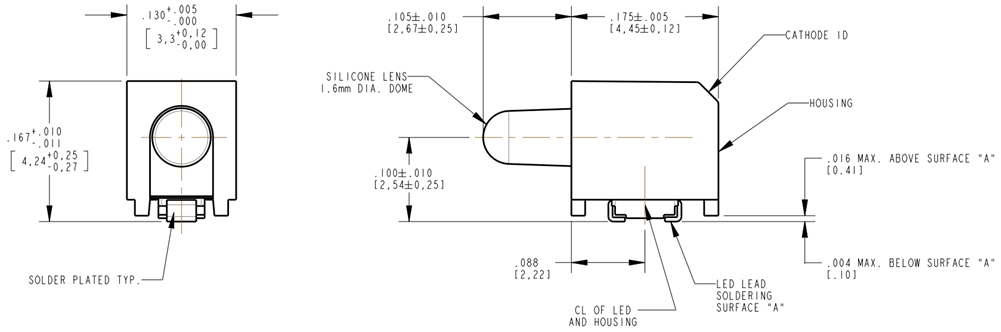 Mechanical Drawing - Dialight 594 Prism® LED Circuit Board Indicators