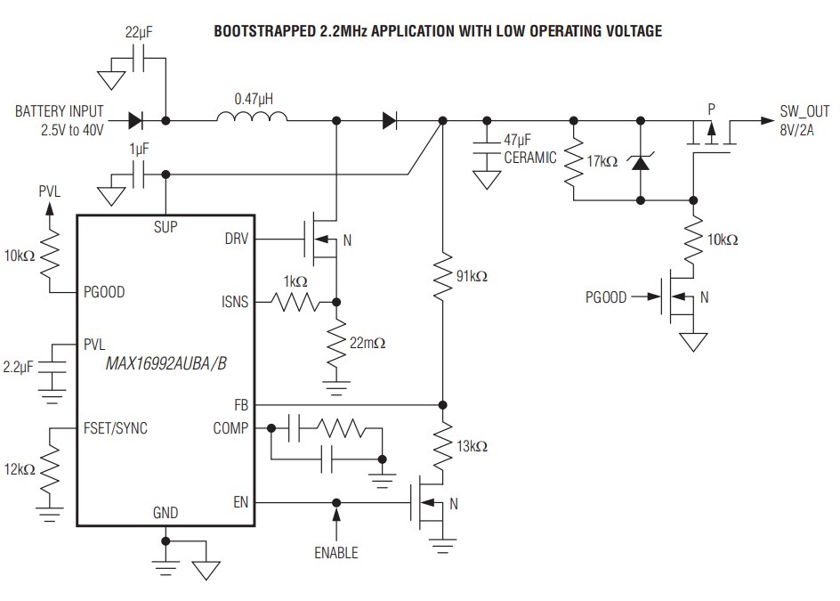 Applikations-Schaltungsdiagramm - Analog Devices Inc. MAX16990/MAX16992 Strommodus-PWM-Controller