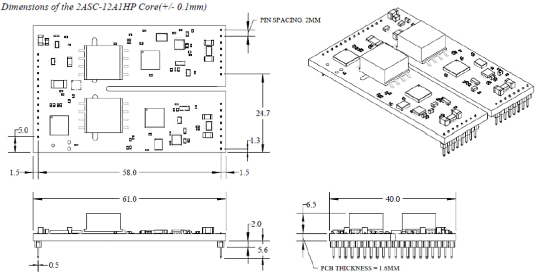 Technische Zeichnung - Microsemi / Microchip AgileSwitch® 2ASC-12A1HP SiC-Gate-Treiber-Core