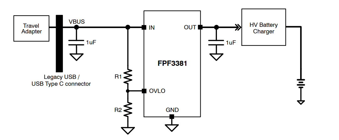 Applikations-Schaltungsdiagramm - onsemi FPF3381 Überspannungsschutz-Lastschalter