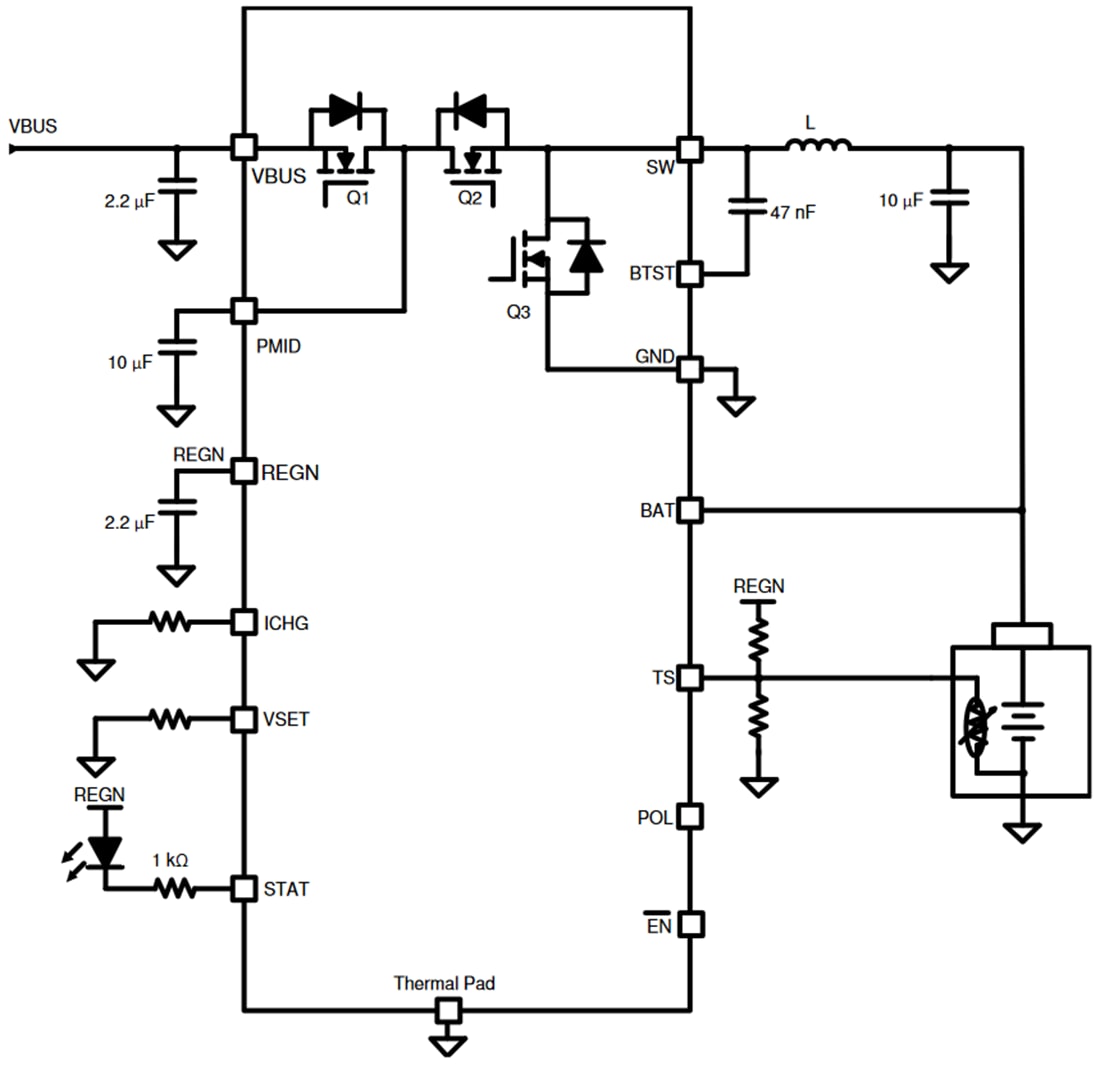 Applikations-Schaltungsdiagramm - Texas Instruments bq25300 Schaltmodus-Ladegerät