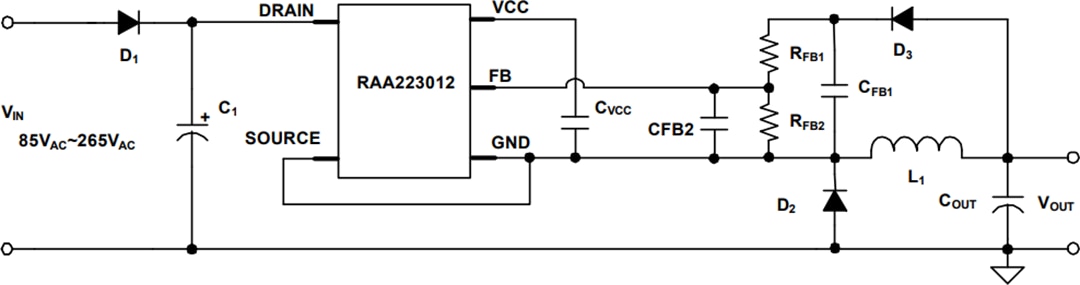 Applikations-Schaltungsdiagramm - Renesas Electronics RAA223012 Nicht-isolierter AC/DC-Abwärtsregler mit 700 V 