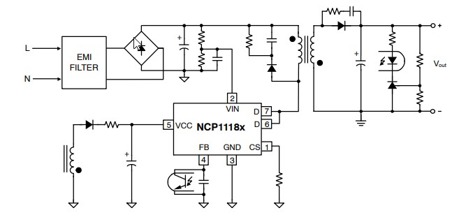 Applikations-Schaltungsdiagramm - onsemi NCP1118x mWSaver® Integrierte Leistungsumschalter