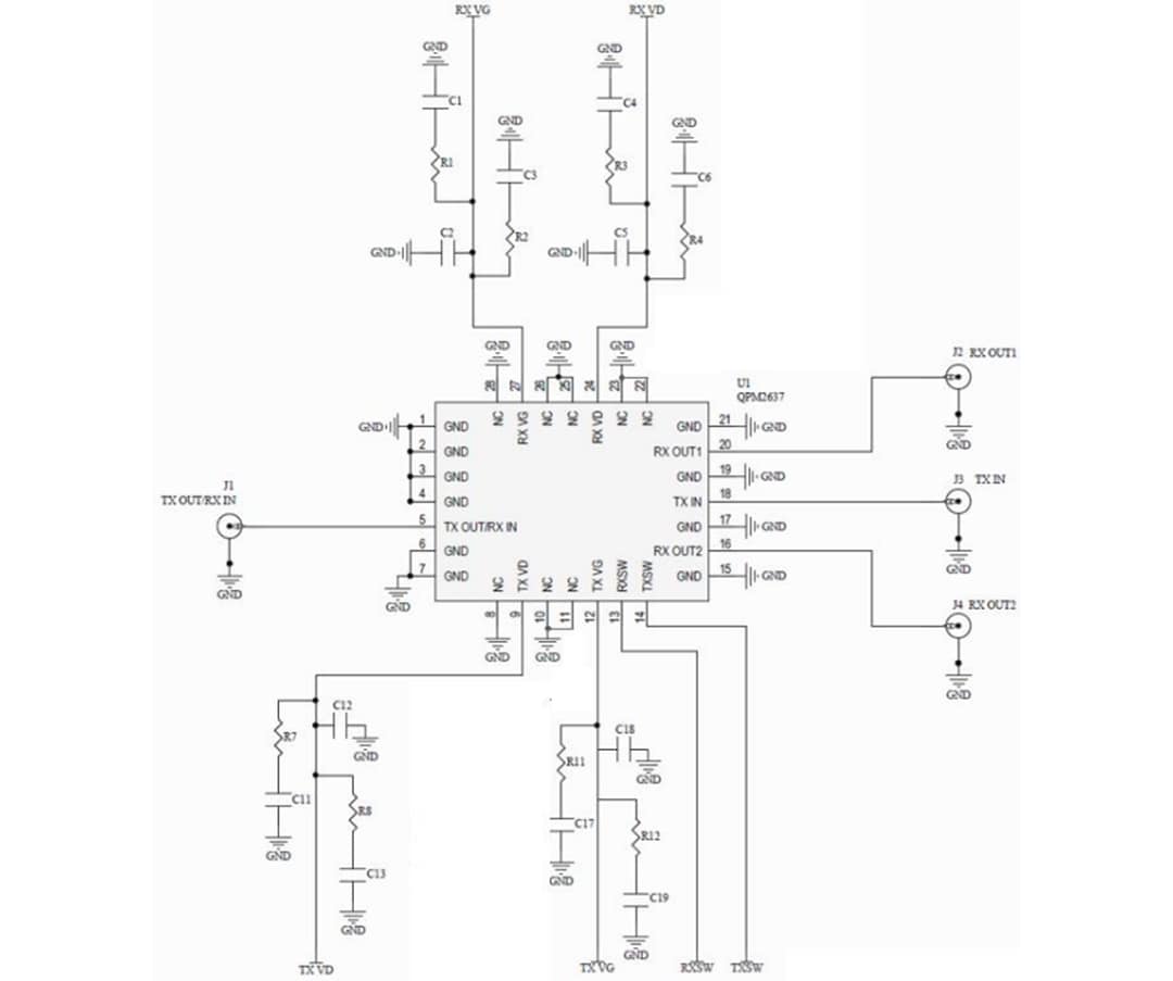 Applikations-Schaltungsdiagramm - Qorvo QPM2637 X-Band-GaN-MMIC-Frontend-Modul (FEM)