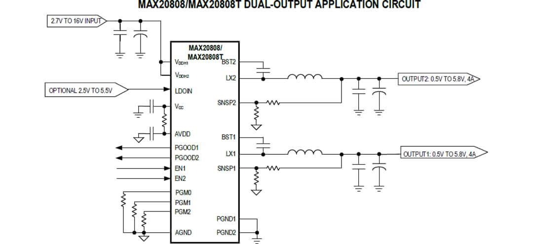 Applikations-Schaltungsdiagramm - Analog Devices / Maxim Integrated MAX20808 Abwärtsschaltregler mit Dual-Ausgang
