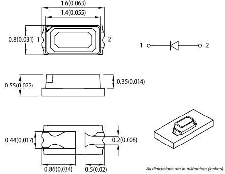 Technische Zeichnung - Kingbright AA1608 Oberflächenmontierbare LEDs