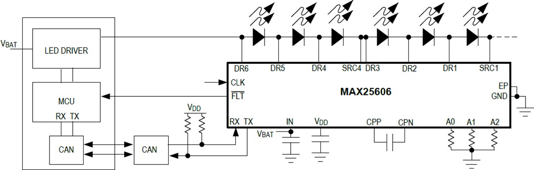 Applikations-Schaltungsdiagramm - Analog Devices / Maxim Integrated MAX25606 Matrix-Manager mit 6 Schaltern für LED-Beleuchtung