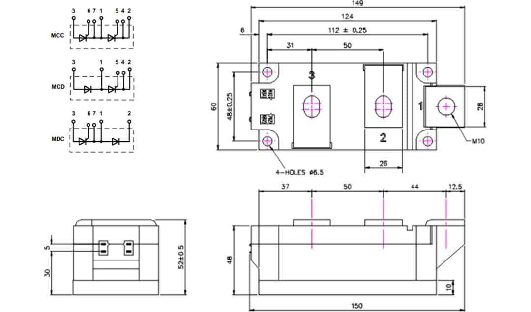Technische Zeichnung - IXYS Mxx501 Dual-Thyristormodule