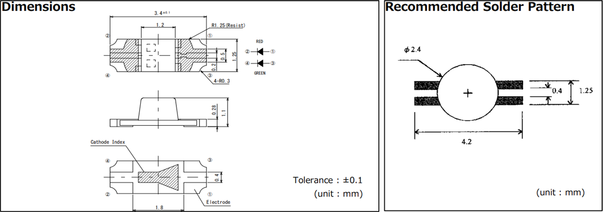 Technische Zeichnung - ROHM Semiconductor SML-825MVW zweifarbige Chip-LED