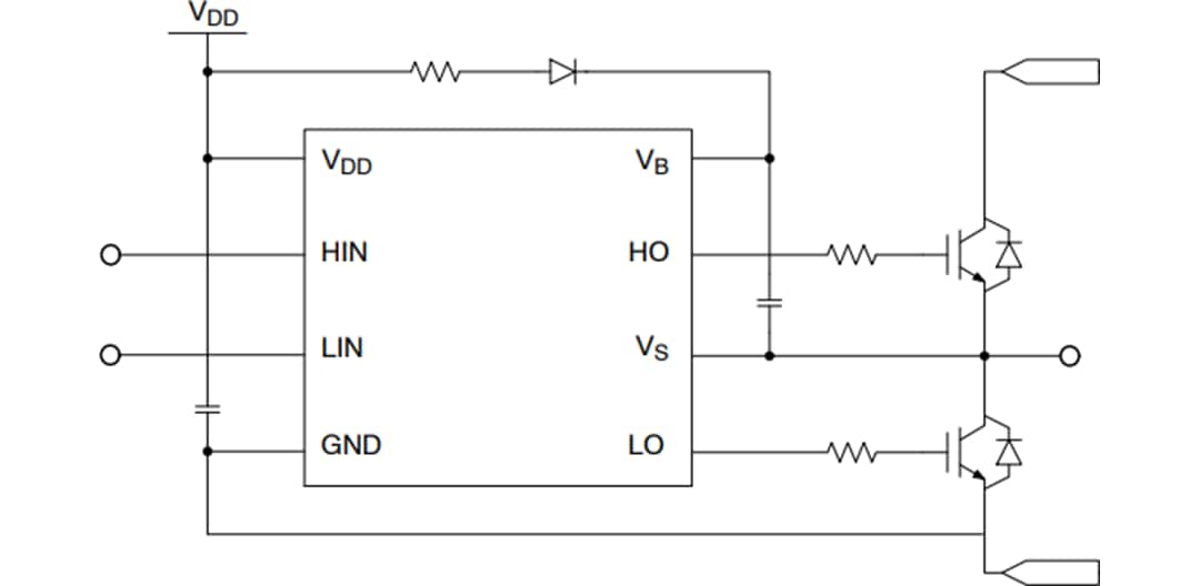 Applikations-Schaltungsdiagramm - onsemi NCD57201 und NCV57201 Halbbrücken-Gate-Treiber