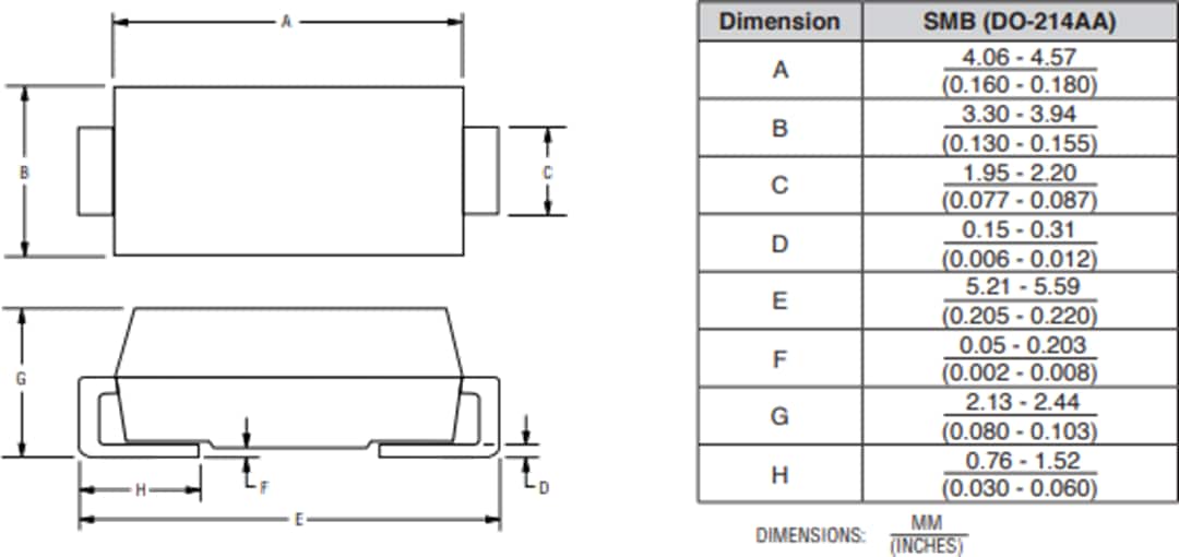 Technische Zeichnung - Bourns 1.5SMBJ Transientenspannungs-Suppressordioden