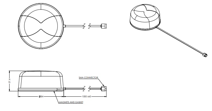 Mechanical Drawing - Maxtena M1590HCT-LP-MM Inmarsat Magnet Mount Antenna