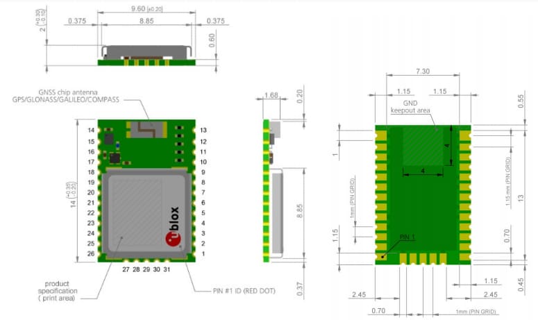 Technische Zeichnung - u-blox CAM-M8 GNSS-Antennenmodule
