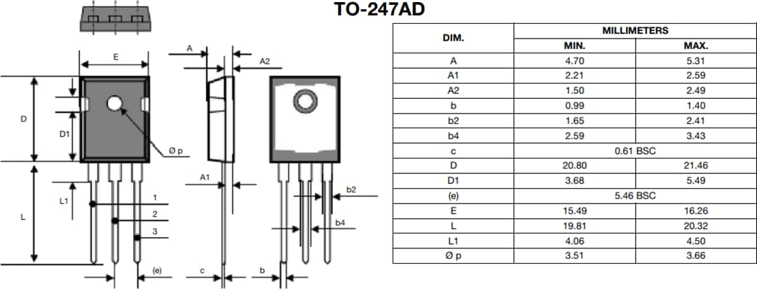 Technische Zeichnung - Vishay / Siliconix SQW61N65EF Automotive-Leistungs-MOSFET der E-Baureihe