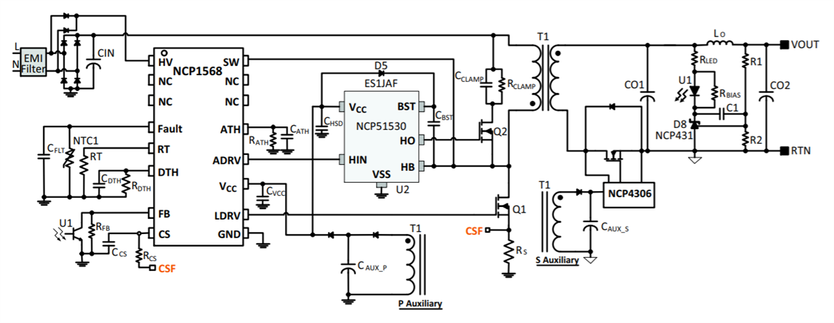 Applikations-Schaltungsdiagramm - onsemi NCP1568 AC/DC-Flyback-PWM-Controller mit aktiver Klemme