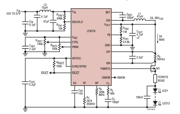 Applikations-Schaltungsdiagramm - Analog Devices Inc. LT8376 Synchroner LED-Abwärtstreiber