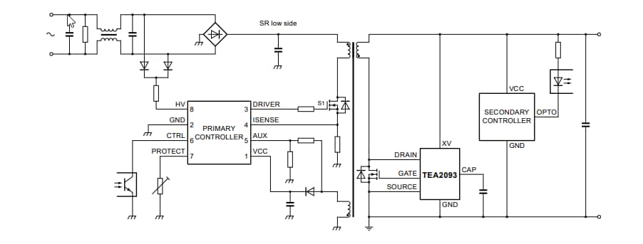 Applikations-Schaltungsdiagramm - NXP Semiconductors TEA2093TS GreenChip Synch-Gleichrichter-Controller